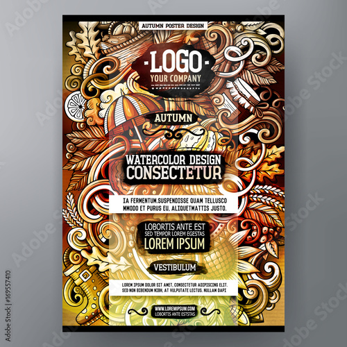 Cartoon watercolor hand drawn doodles Autumn poster design