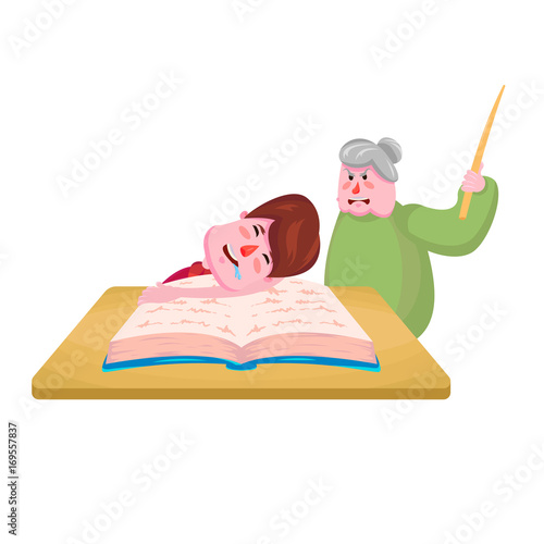 The pupil boy fell asleep on the book, and the old wicked teacher beckons with a pointer