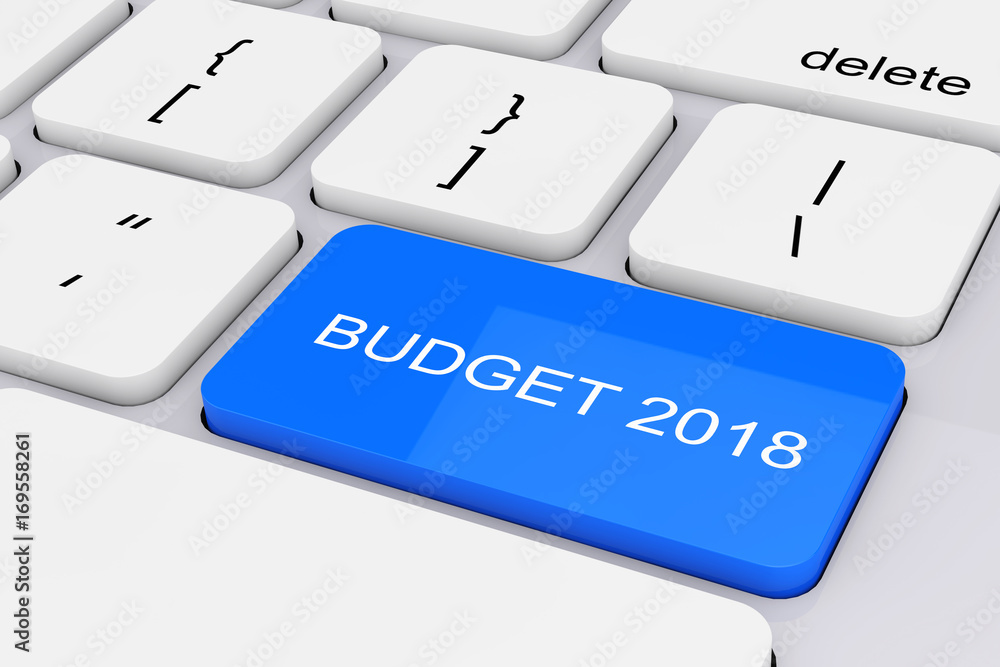 Blue Budget 2018 Key on White PC Keyboard. 3d Rendering Blue Budget 2018 Key on White PC Keyboard. 3d Rendering