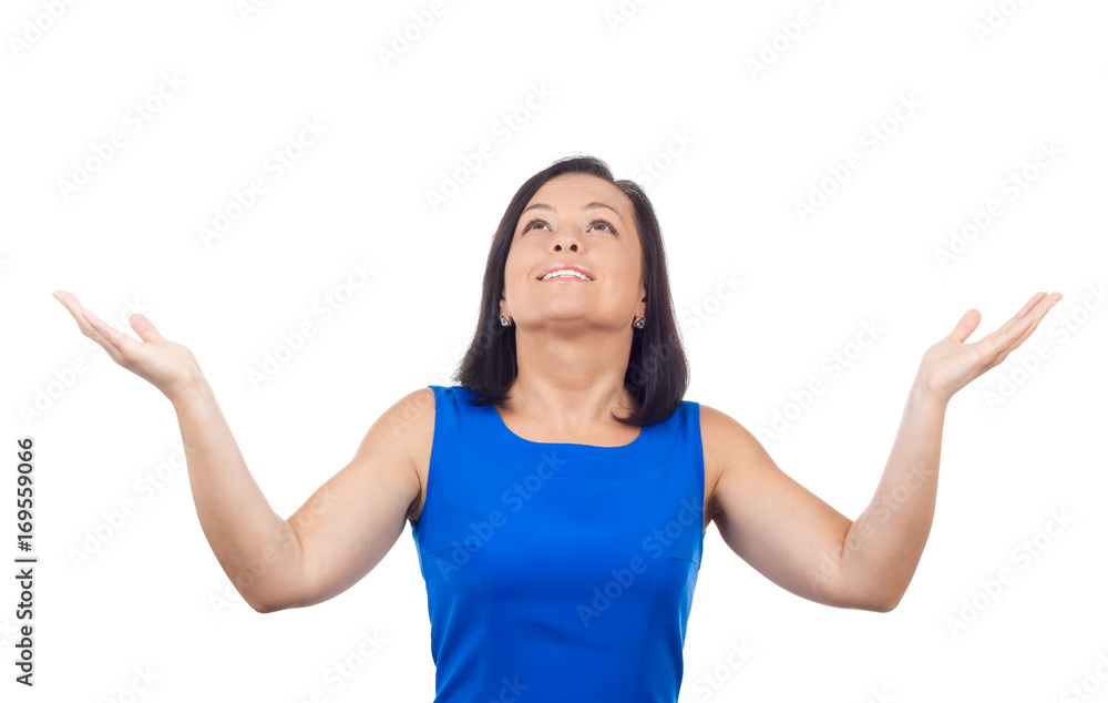 Smiling Happy Beautiful Young Woman Looking Up with Arms Outstretched Smiling Happy Beautiful Young Woman Looking Up with Arms Outstretched