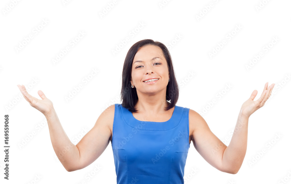 Smiling Happy Beautiful Young Woman Looking Up with Arms Outstretched Smiling Happy Beautiful Young Woman Looking Up with Arms Outstretched