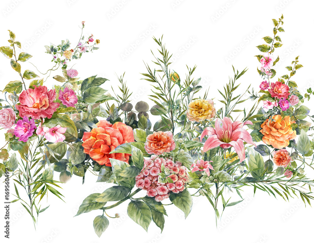 Watercolor painting of leaf and flowers, seamless pattern on white background Watercolor painting of leaf and flowers, seamless pattern on white background