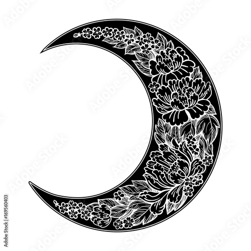 Beautiful romantic crescent moon with rose or peony flowers.