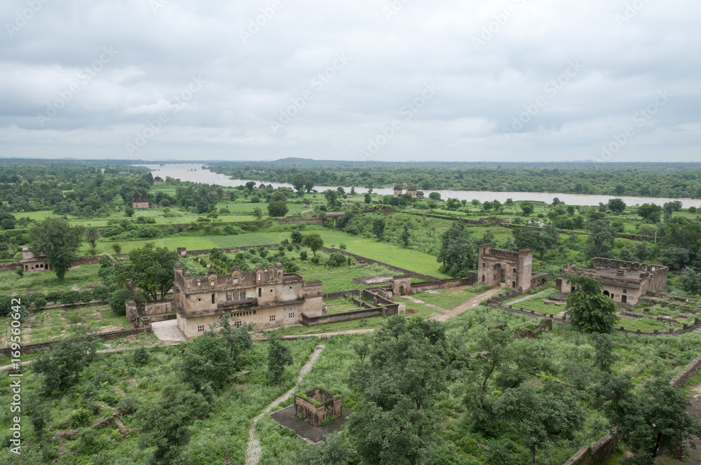 Countryside and old palace in Orchha, India