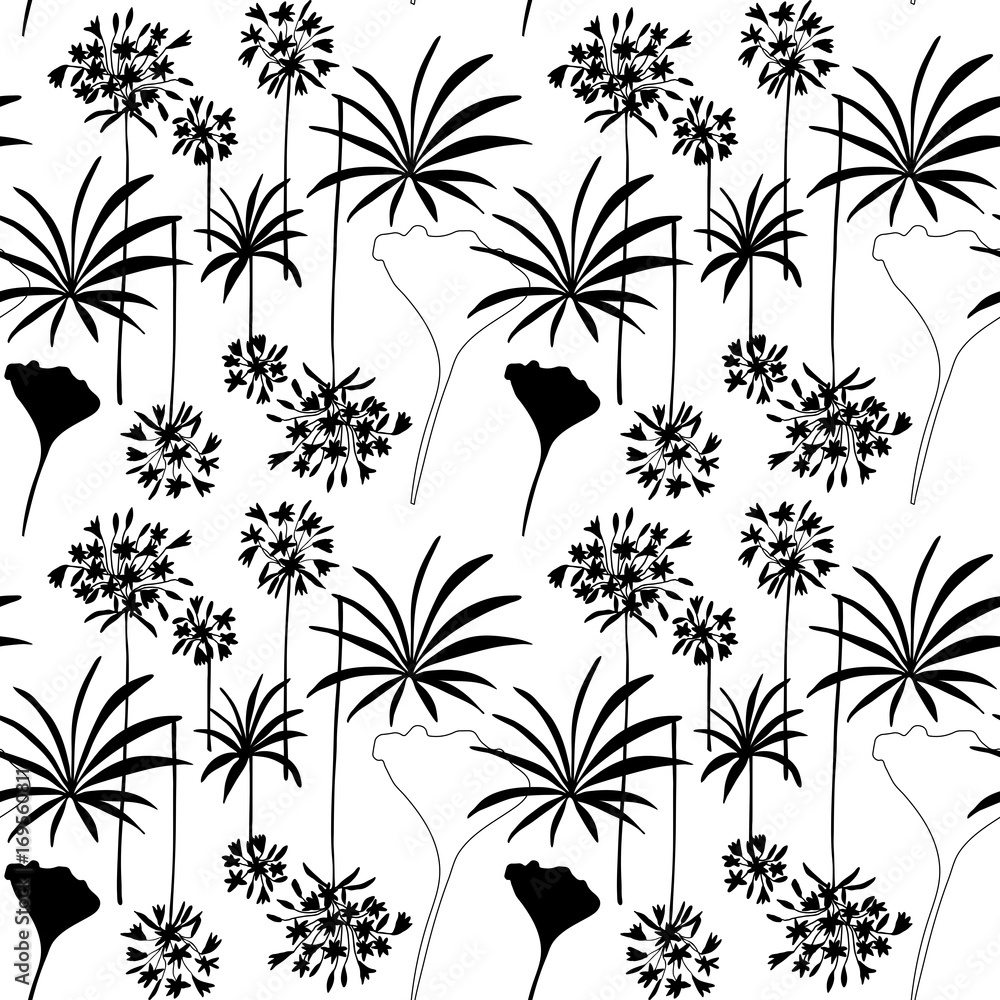 Floral vector seamless pattern with hand drawn african lily flowers and leaves.