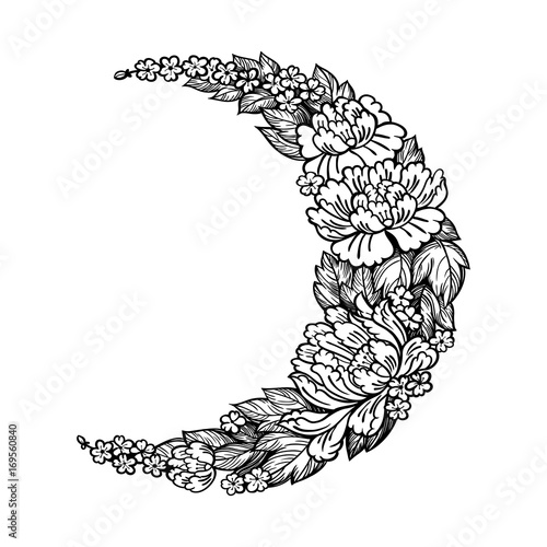 Beautiful romantic crescent moon with rose or peony flowers.