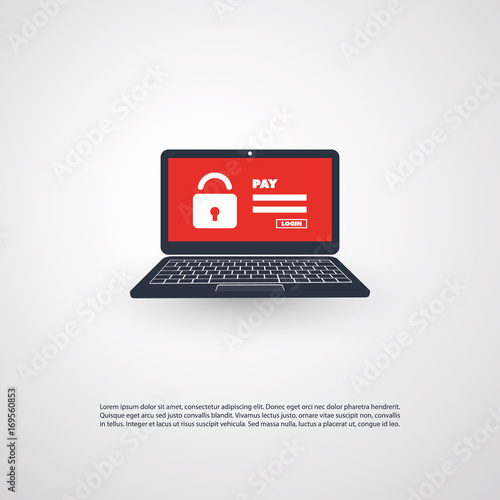 Locked Device, Encrypted Files, Lost Documents, Ransomware Attack - Virus Infection, Malware, Fraud, Spam, Phishing, Email Scam, Hacking - IT Security Concept Design, Vector illustration