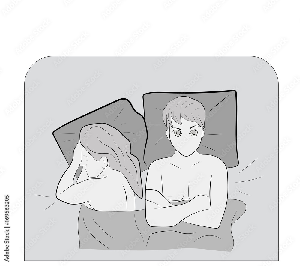 A man is lying with a woman on the bed. The woman turned away from the man. The man reflects. vector illustration.
A man is lying with a woman on the bed. The woman turned away from the man. The man reflects. vector illustration.