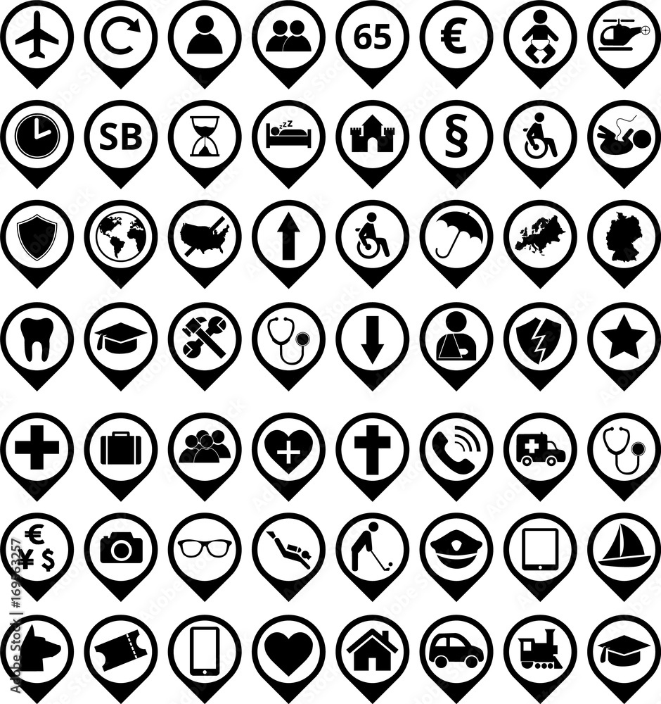 Set of different of black and white travel insurance icons Set of different of black and white travel insurance icons