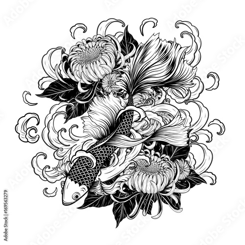 Koi fish and chrysanthemum tattoo by hand drawing.Tattoo art highly detailed in line art style.