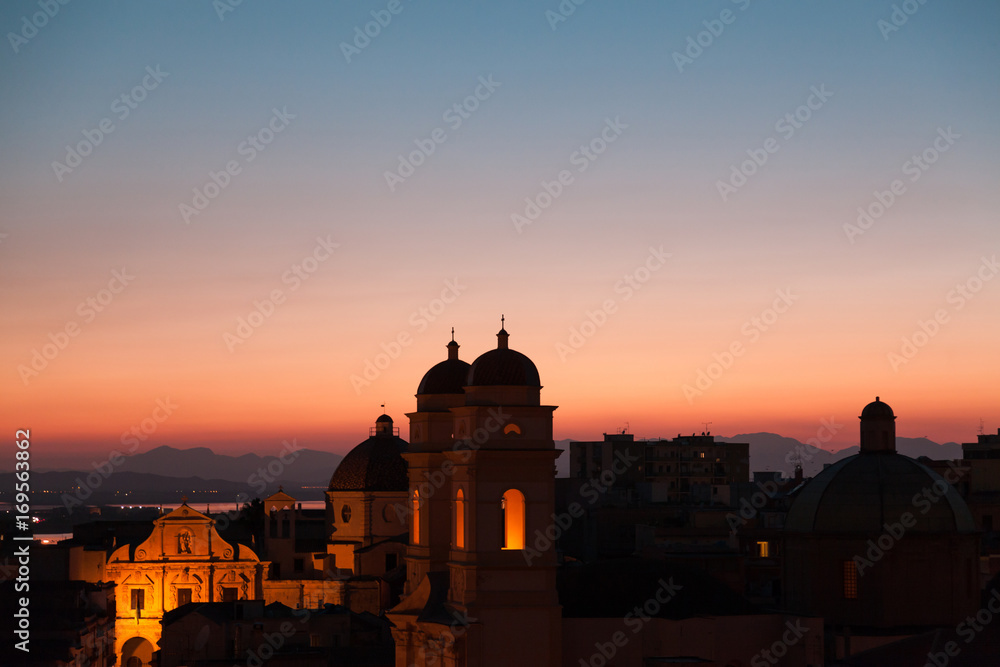 Baroque architecture of the church of St Anne at sunset in Sardinia
