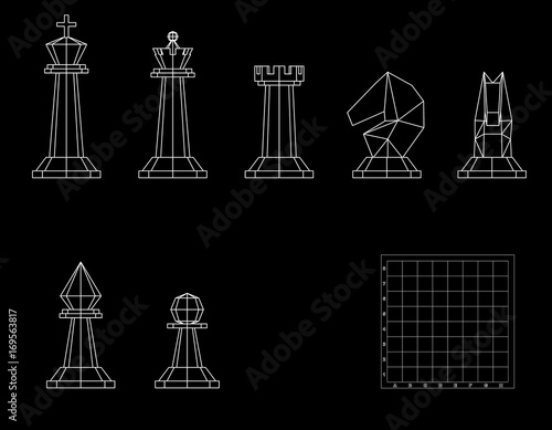 Chess pieces. Isolated on black background. Vector outline illustration.