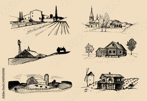Vector farm landscapes illustrations set. Sketches of villa, homestead in fields and hills. Russian countryside. photo