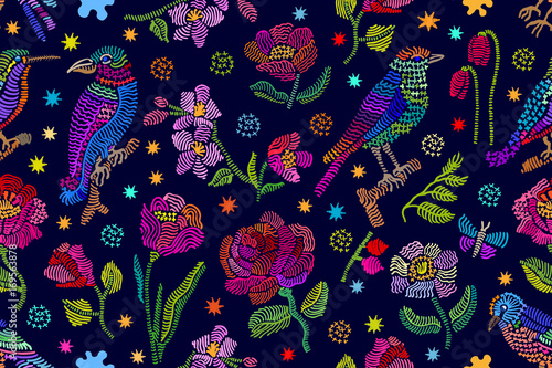 Colorful embroidered texture inspired by folk art.
