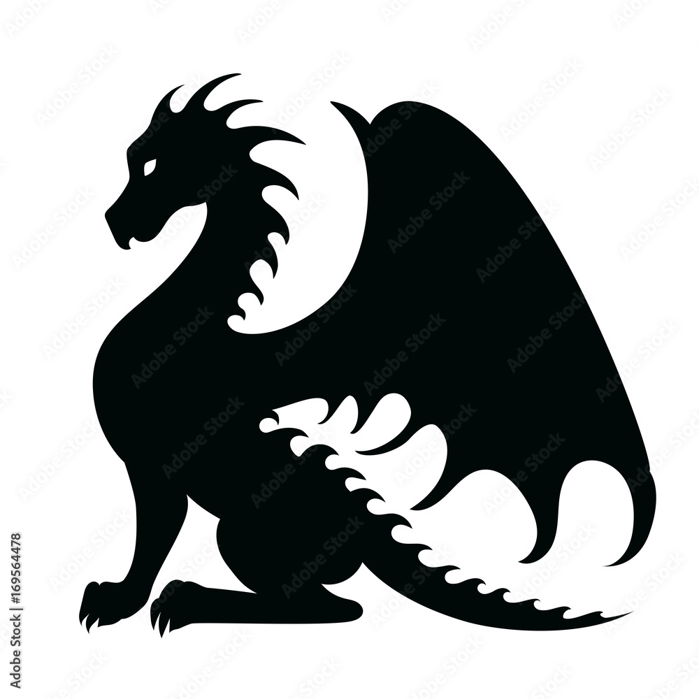 Vector drawing of a black dragon silhouette that sits Stock Vector