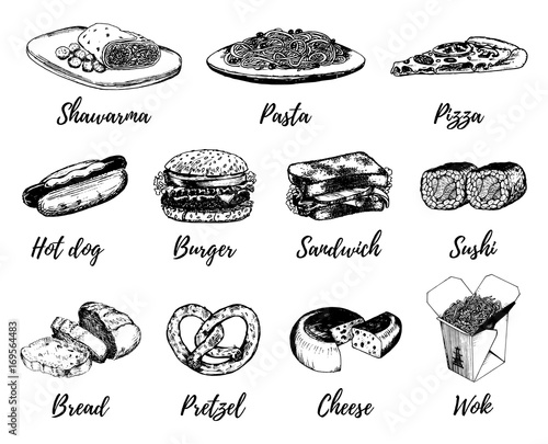 Fast food sketches vector set. Hand drawn international cuisine icons for snack bar menu, street cafe chalkboard etc.