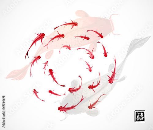 Big and little fishes hand drawn with ink on white background. Traditional oriental ink painting sumi-e, u-sin, go-hua. Contains hieroglyph - double luck.