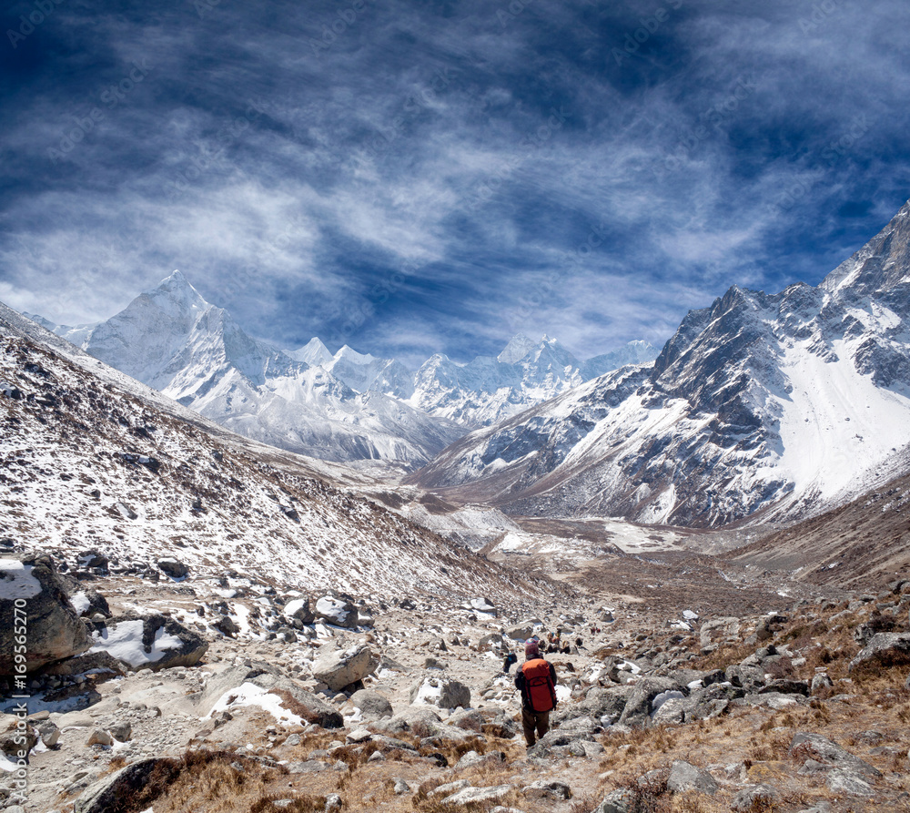 An unidentified hiker on the road to Everest Base camp in Sagarmatha National Park, Nepal, Himalayas