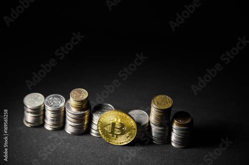 Wallpaper Mural Golden bitcoin with money coins background. Bit coin cryptocurrency banking money transfer business technology Torontodigital.ca