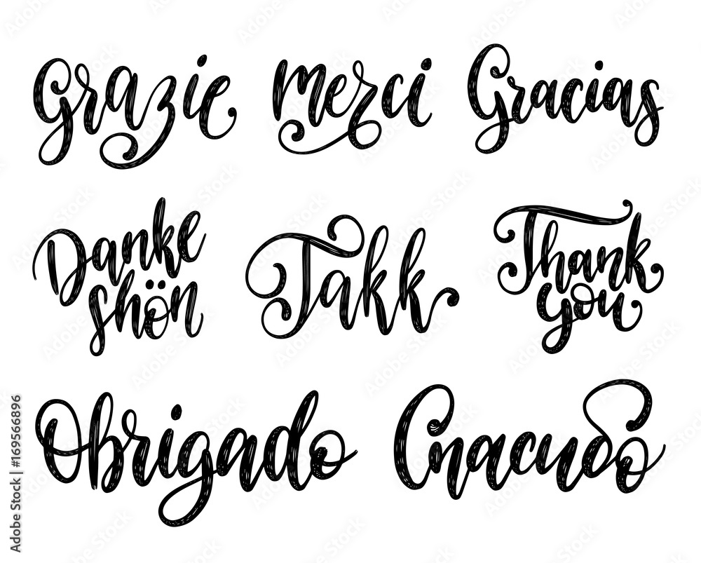 Vector calligraphy set of different languages translation of Thank You.Hand lettering of international thankfulness word Vector calligraphy set of different languages translation of Thank You.Hand lettering of international thankfulness word
