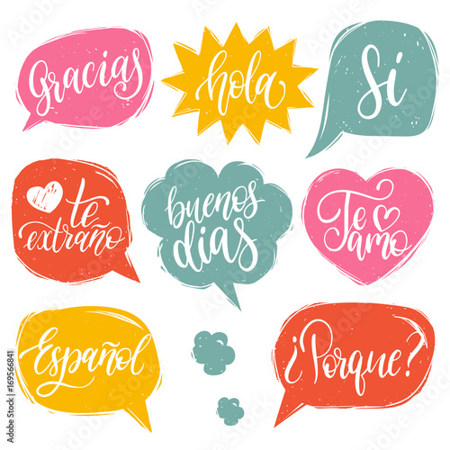 Vector calligraphic set of spanish translation of Thank You, Good Day etc. Common words hand lettering in speech bubbles