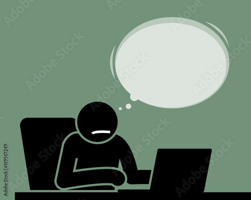 Man using a laptop and thinking of something. He is feeling bored, dull, and tired. He thinks whatever he is doing and seeing are uninteresting.
