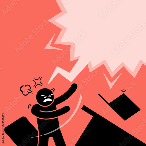 Man gets frustrated with the laptop and flip the computer desk over. He is very angry and screaming at the computer because it fails to work properly.