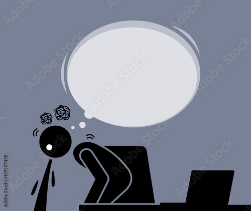 Man vomits and pukes after watching the Internet from the computer. He feels disgusted, sick, awful, nauseating, and gross with the content from the laptop. 