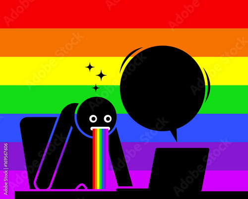 Man is amazed and puking out rainbow saliva by the content he sees from his computer screen. He is impressed, startled, and astonished by the news, information, and things showing on the Internet.