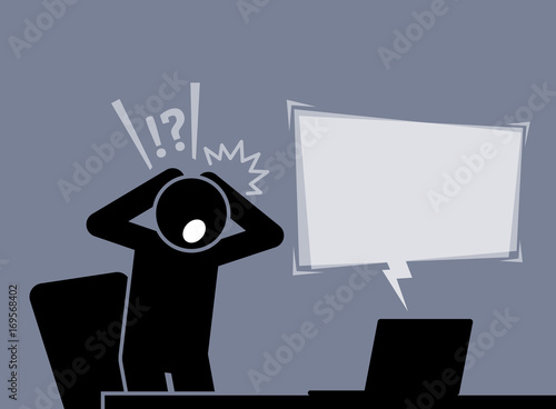 Man is feeling shocked and surprised after reading the news from the Internet. He puts both his hands behind his head to express disbelief.