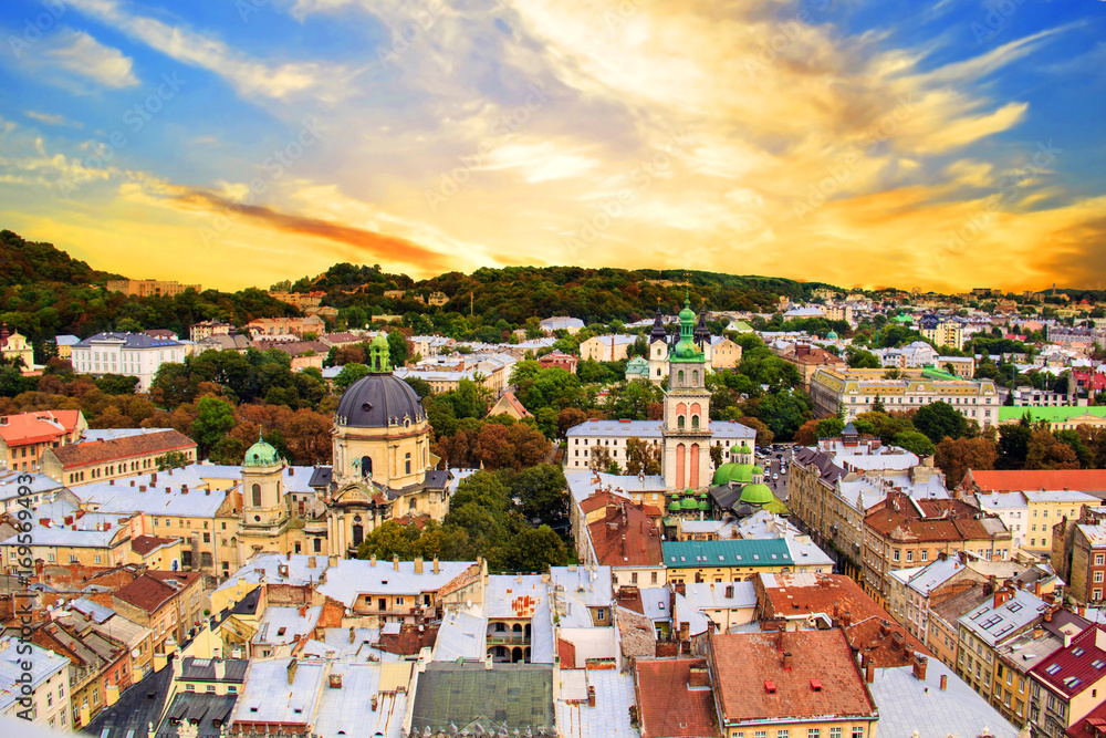 Beautiful view of the Dominican Cathedral, the Assumption Church and the historic center of Lviv, Ukraine, on a sunny day