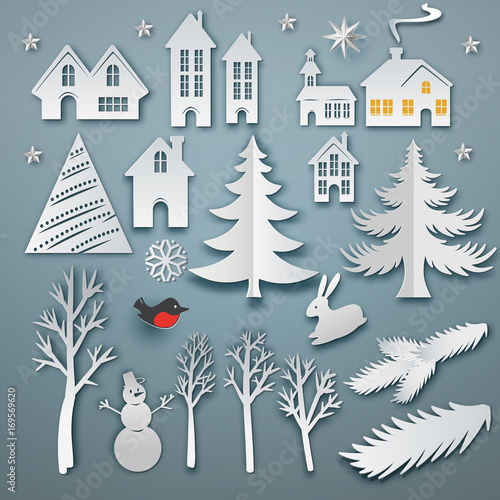 Christmas paper art elements set. Vector icon illustration. White paper cut layers. Winter with house, trees, hare, star, bulfinch, snowman and christmas tree. Holidays symbols for retro design