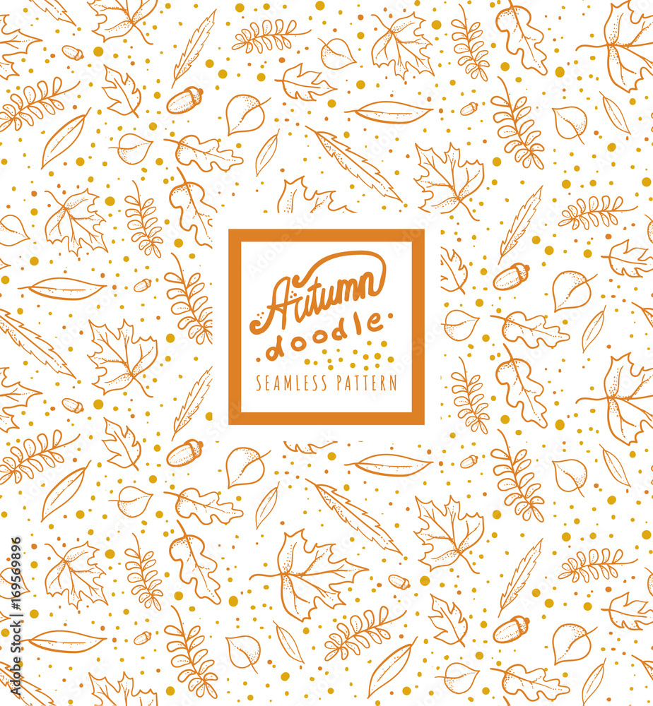 autumn leaves doodle seamless pattern on white background