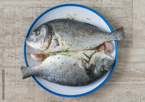 Raw marinate gilthead breams in a plate with some  cloves of garlic.