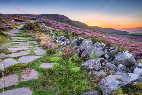 Simonside Hills path at Sunset, popular with walkers and hikers they are covered with heather in summer, and are part of Northumberland National Park, overlooking the Cheviot Hills photo