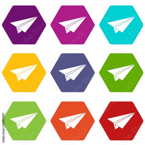 Paper airplane icon set color hexahedron