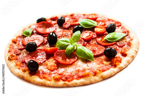 Pepperoni pizza with fresh ingredients isolated on white background, top view. Banner or wallpaper .