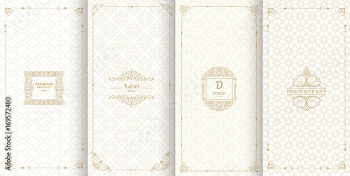 Collection of design elements,labels,icon,frames, for packaging,design of luxury products.Made with golden foil.Isolated on retro background. vector illustration