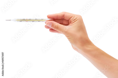 mercury thermometer in hand isolated on white background