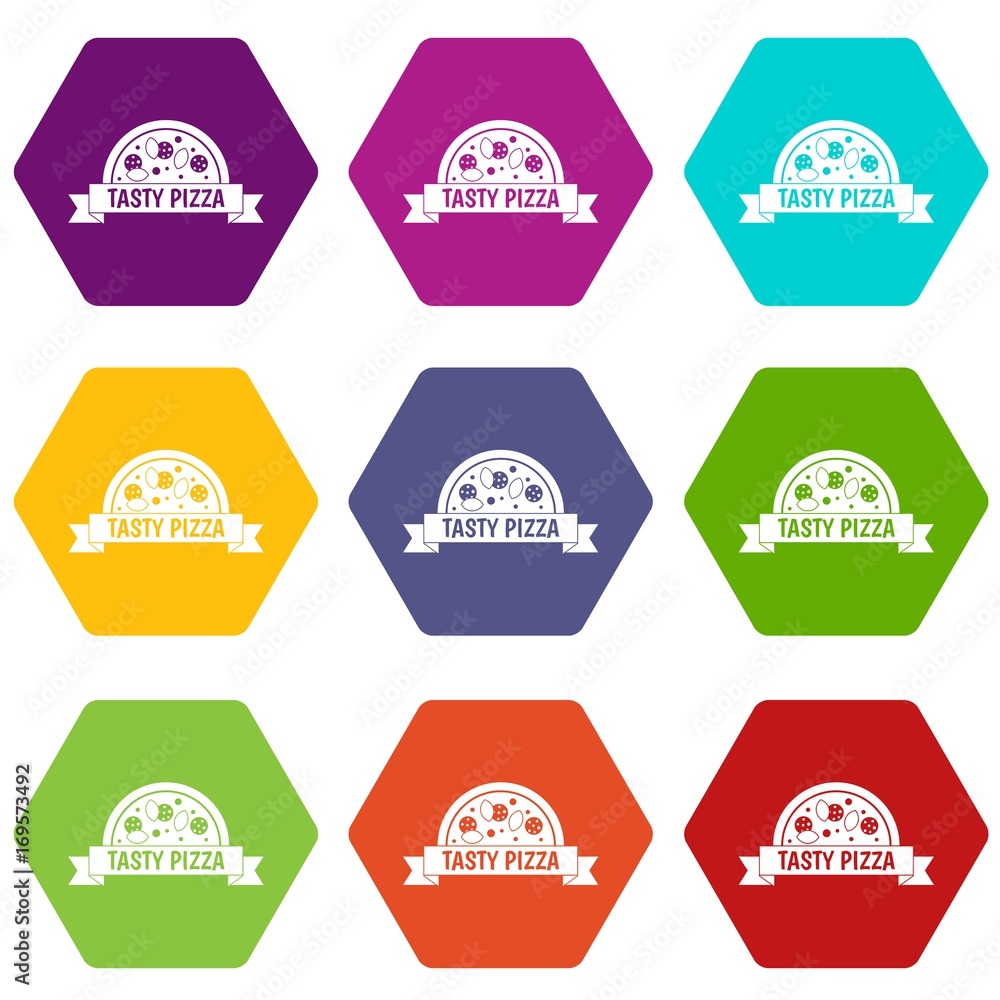 Tasty pizza sign icon set color hexahedron
