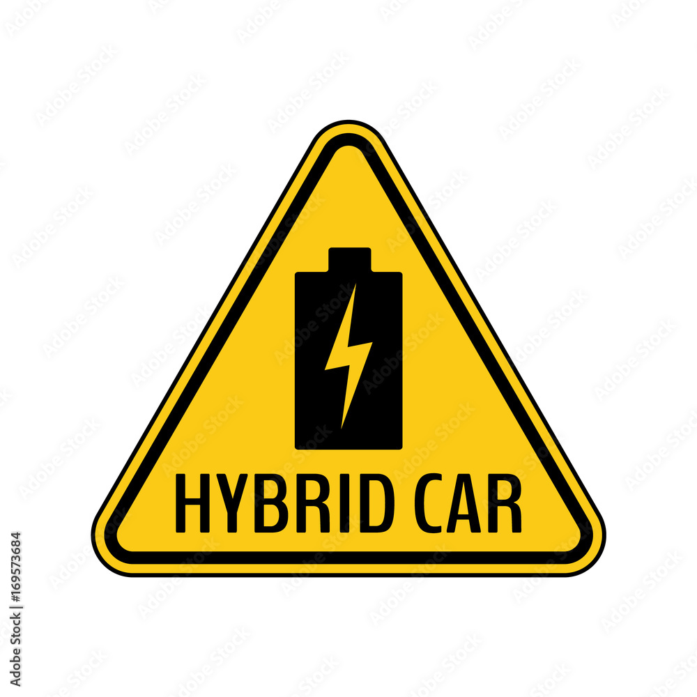 Hybrid car caution sticker. Save energy automobile warning sign. Charging battery icon in yellow and black triangle. Hybrid car caution sticker. Save energy automobile warning sign. Charging battery icon in yellow and black triangle.