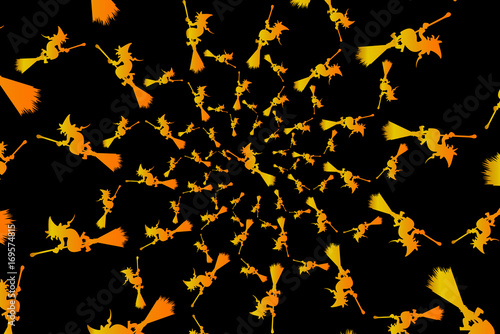 Golden witch on a broomstick on a black background - vector pattern