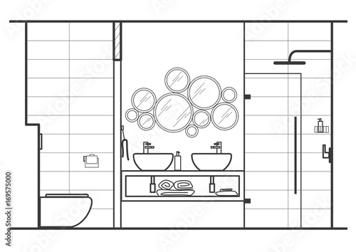 architectural linear sketch bathroom interior front view