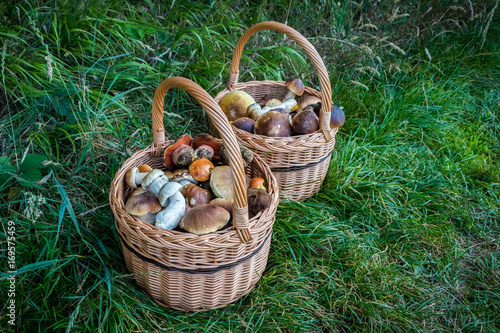 Pair wicker baskets with mushrooms