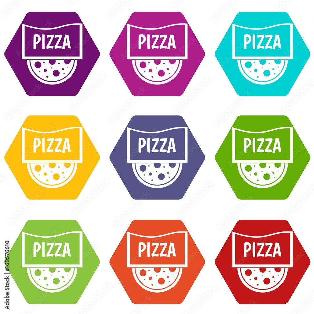 Pizza badge or signboard icon set color hexahedron
