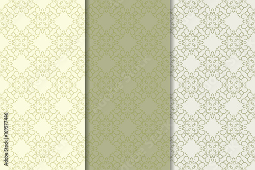 Set of floral ornaments. Olive green vertical seamless patterns © Liudmyla