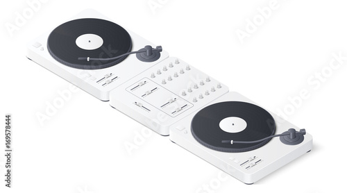 DJ mixer panel and turntables isolated on white background. Isometric Vector illustration