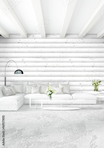 White bedroom minimal style Interior design with wood wall. 3D Rendering. 3D illustration