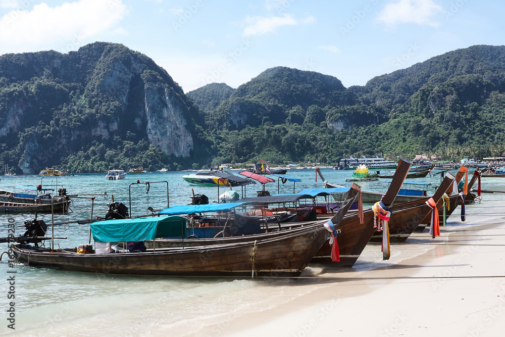 Boats on the coast in the Krabi region of Thailand. Beach in Thailand.