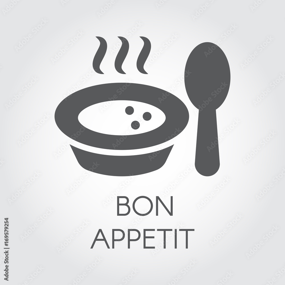 Maak leven Op en neer gaan been Plate with spoon flat icon. Portion of hot food with steam and wish bon  appetit. Label